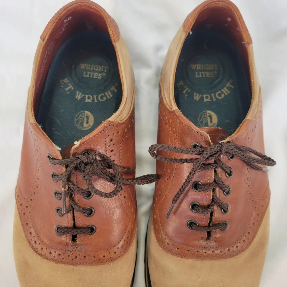 E T Wright Mens Saddle Shoes Leather Upper Tan Brown Lace Up Size 8 D